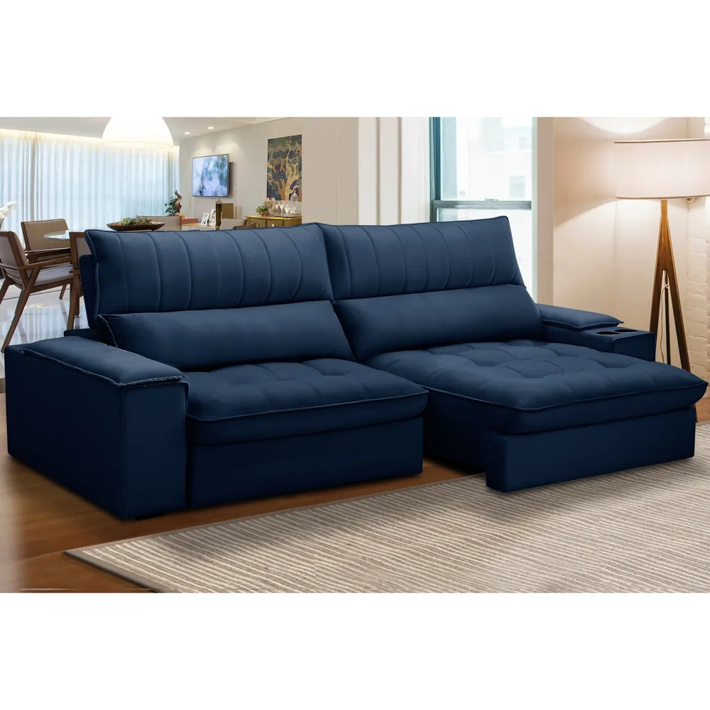 Sofá Retrátil 4 Lugares com Porta Copo 280cm Andes F05 Veludo Azul - Mpozenato