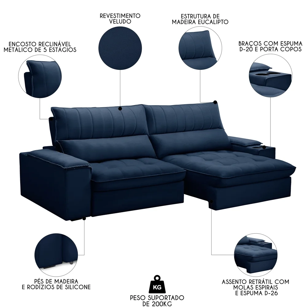 Sofá Retrátil 4 Lugares com Porta Copo 280cm Andes F05 Veludo Azul - Mpozenato
