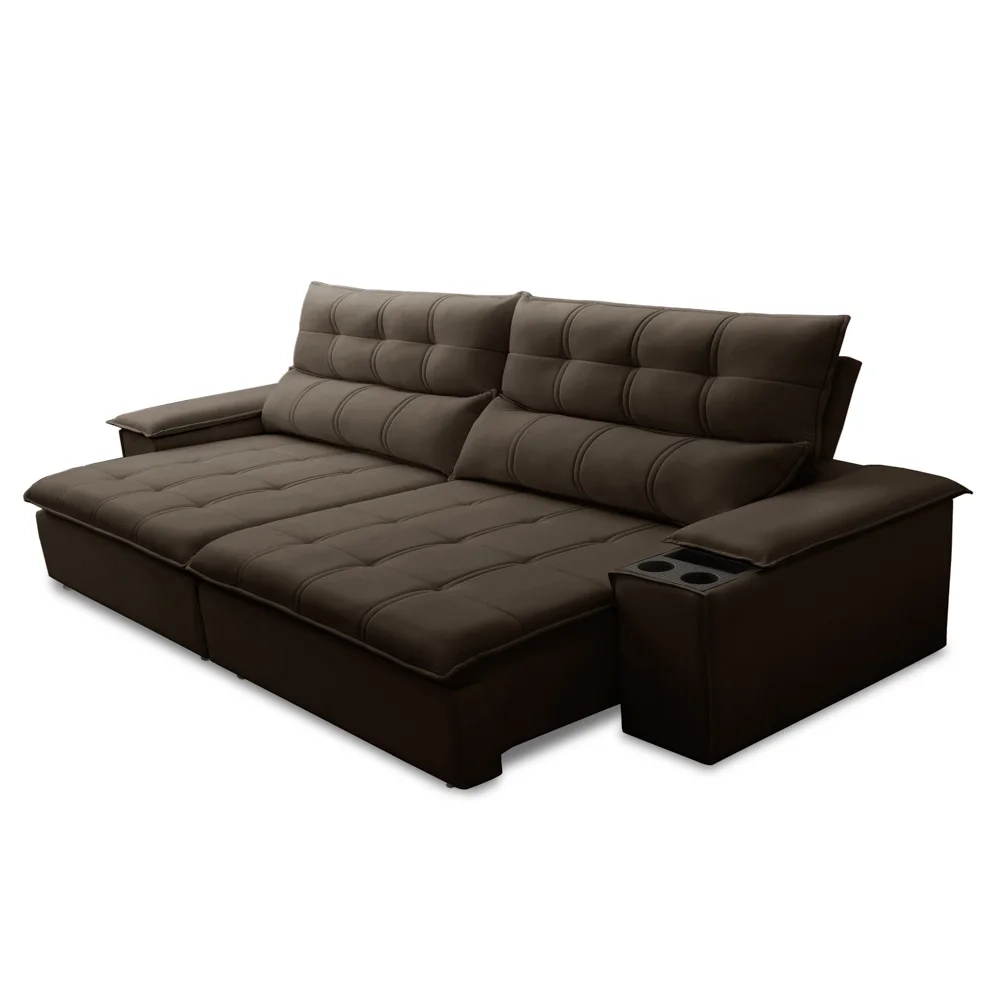 Sofá Retrátil 3 Lugares com Porta Copo 250cm Malta F05 Veludo Marrom Escuro - Mpozenato