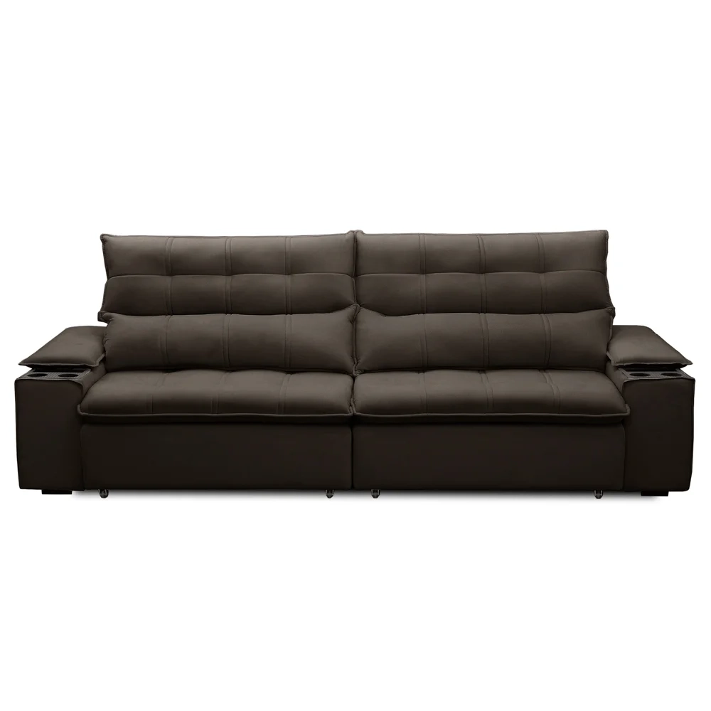 Sofá Retrátil 3 Lugares com Porta Copo 250cm Malta F05 Veludo Marrom Escuro - Mpozenato