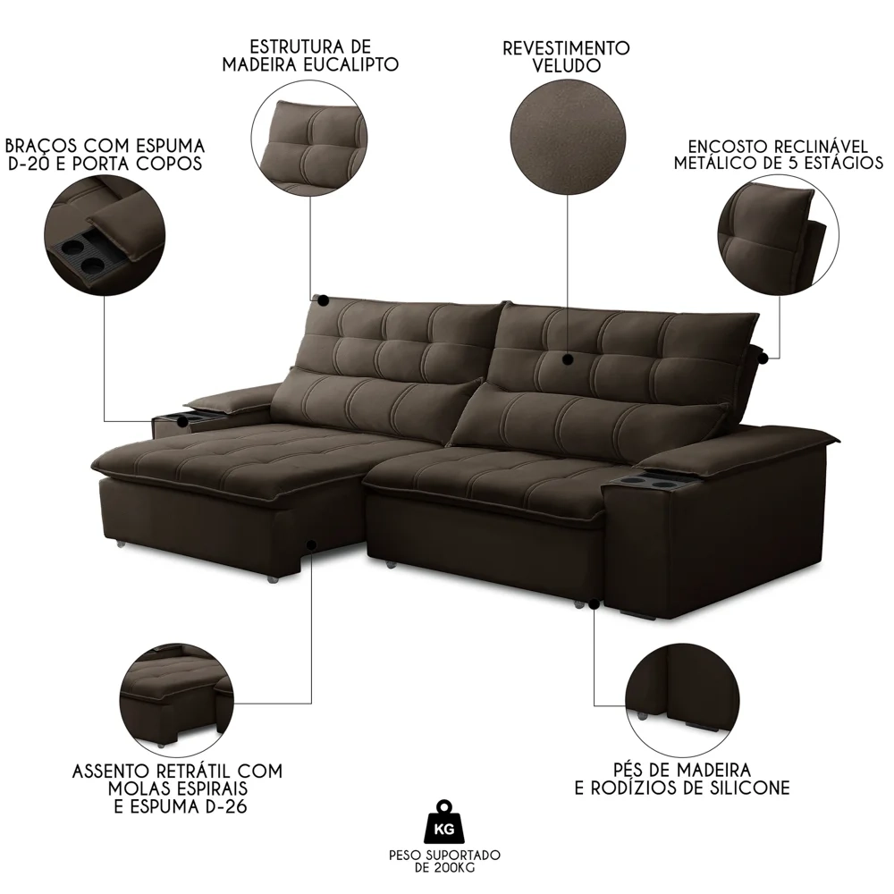 Sofá Retrátil 3 Lugares com Porta Copo 250cm Malta F05 Veludo Marrom Escuro - Mpozenato
