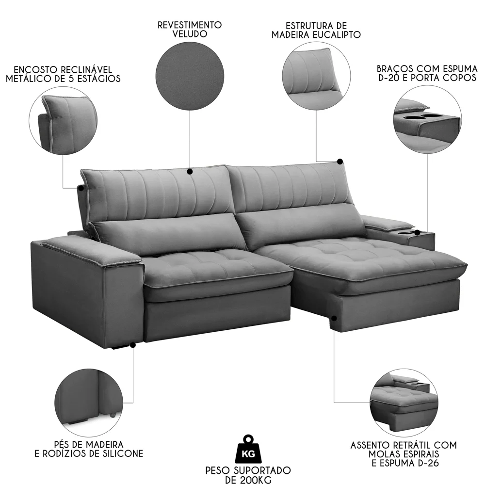 Sofá Retrátil 4 Lugares com Porta Copo 280cm Andes F05 Veludo Cinza - Mpozenato