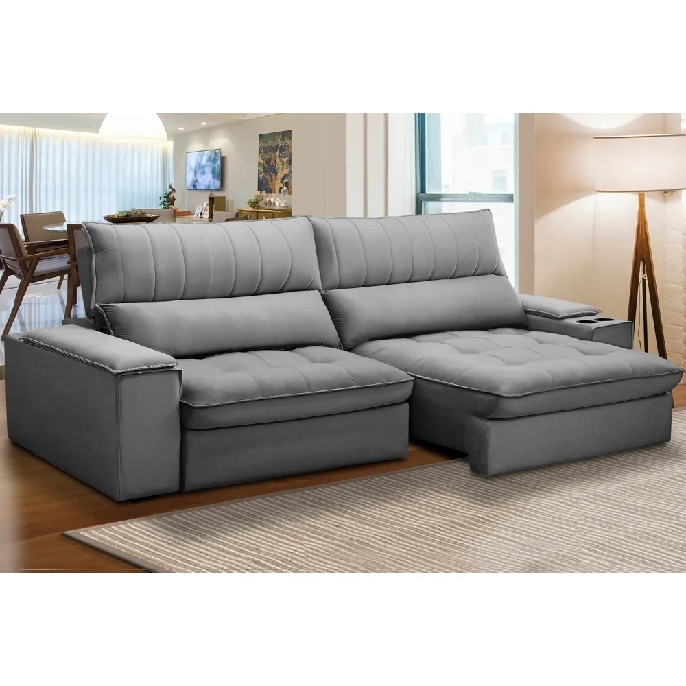 Sofá Retrátil 4 Lugares com Porta Copo 280cm Andes F05 Veludo Cinza - Mpozenato