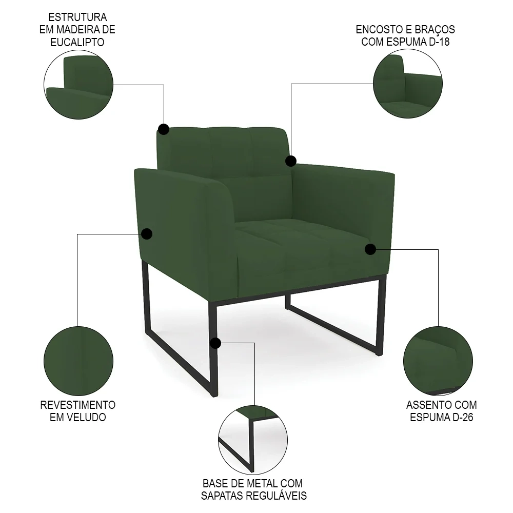 Sofá Namoradeira e 1 Poltrona Base Industrial Preto Ana Veludo Verde - Ibiza
