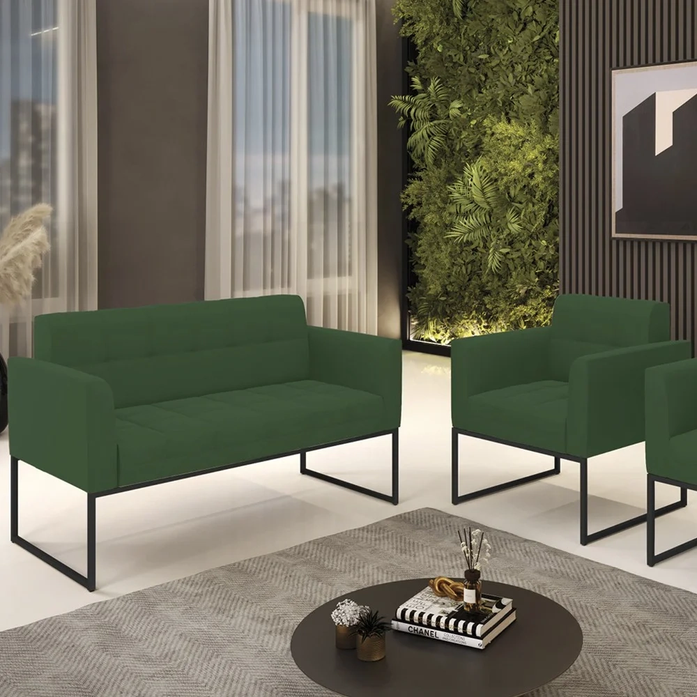 Sofá Namoradeira e 1 Poltrona Base Industrial Preto Ana Veludo Verde - Ibiza