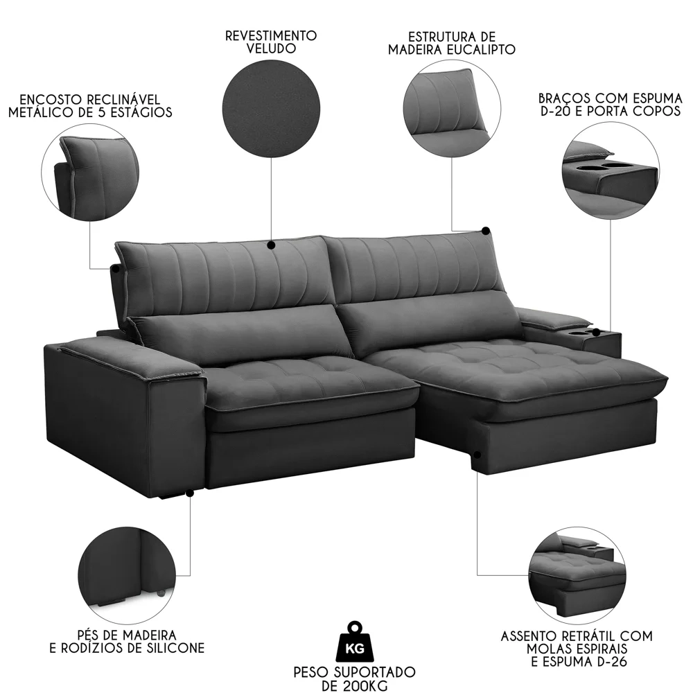 Sofá Retrátil 4 Lugares com Porta Copo 280cm Andes F05 Veludo Grafite - Mpozenato