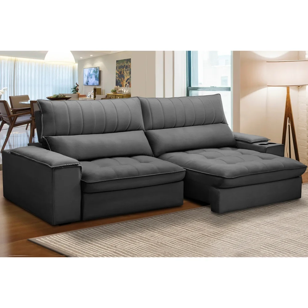 Sofá Retrátil 4 Lugares com Porta Copo 280cm Andes F05 Veludo Grafite - Mpozenato