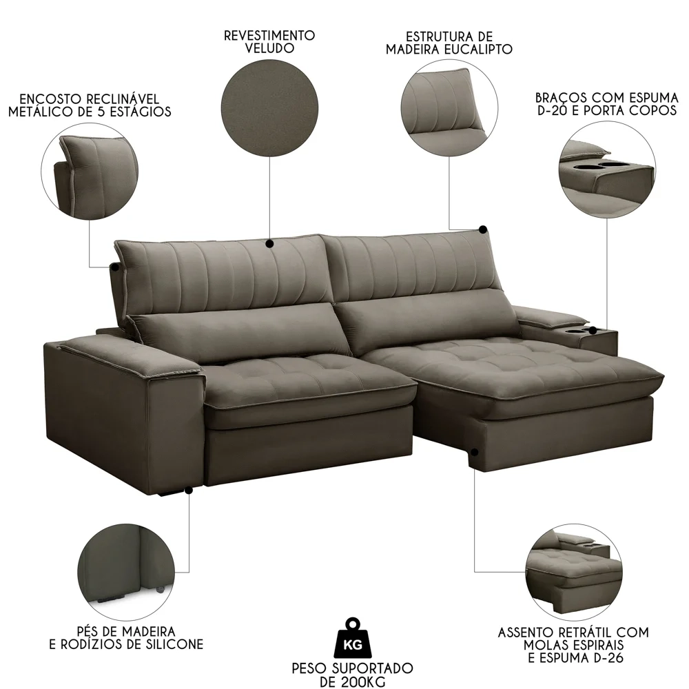 Sofá Retrátil 4 Lugares com Porta Copo 280cm Andes F05 Veludo Marrom - Mpozenato
