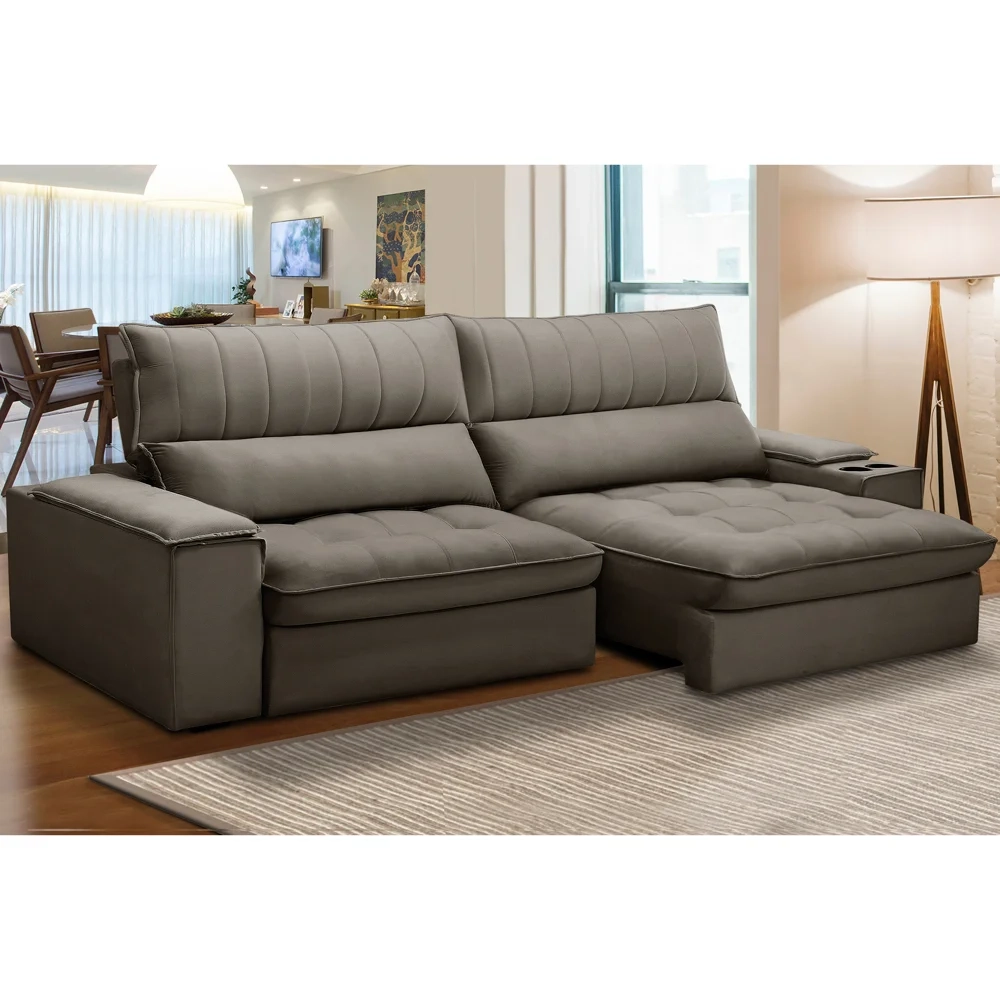 Sofá Retrátil 4 Lugares com Porta Copo 280cm Andes F05 Veludo Marrom - Mpozenato