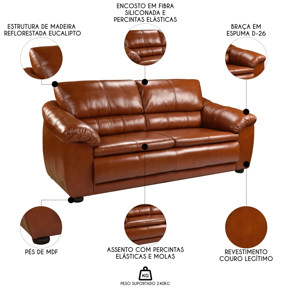 Sofá 2 Lugares Sala de Estar 155cm Veneza Couro Conhaque  - Scala Decor