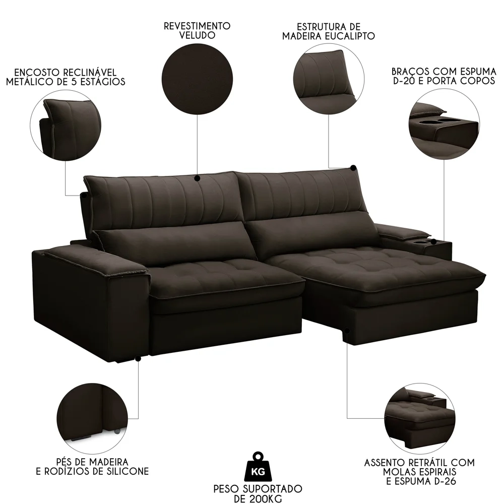 Sofá Retrátil 4 Lugares com Porta Copo 280cm Andes F05 Veludo Marrom Escuro - Mpozenato