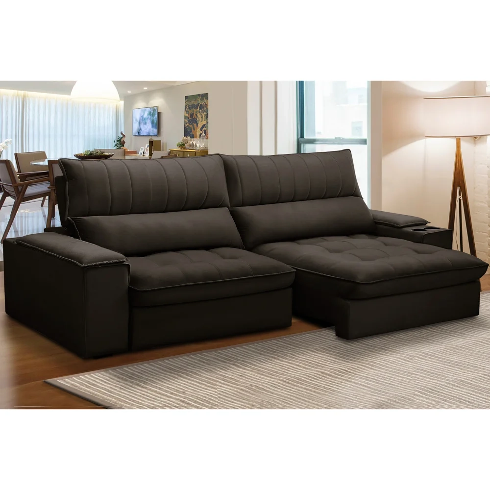 Sofá Retrátil 4 Lugares com Porta Copo 280cm Andes F05 Veludo Marrom Escuro - Mpozenato