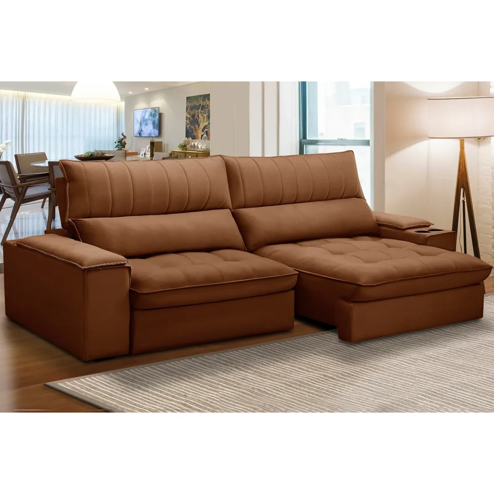 Sofá Retrátil 4 Lugares com Porta Copo 280cm Andes F05 Veludo Terracota - Mpozenato