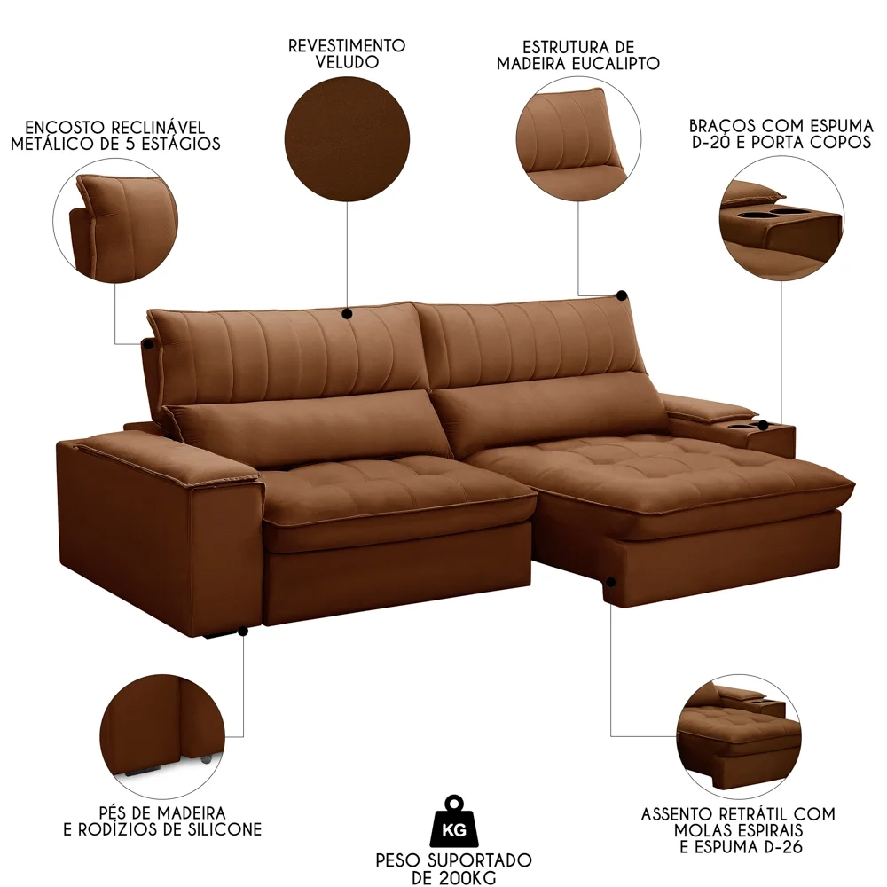 Sofá Retrátil 4 Lugares com Porta Copo 280cm Andes F05 Veludo Terracota - Mpozenato