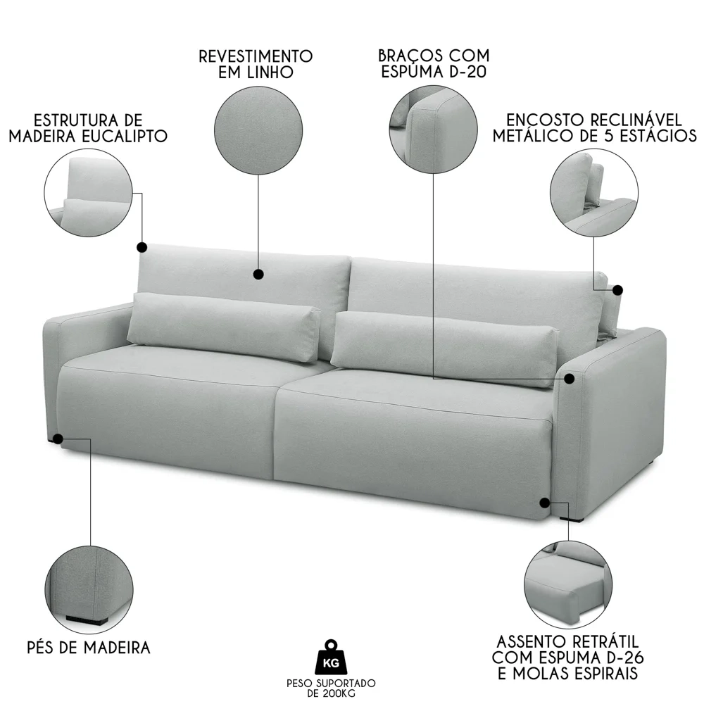 Sofá Retrátil Reclinável 270cm Sinna F05 Linho Cinza Claro - Mpozenato