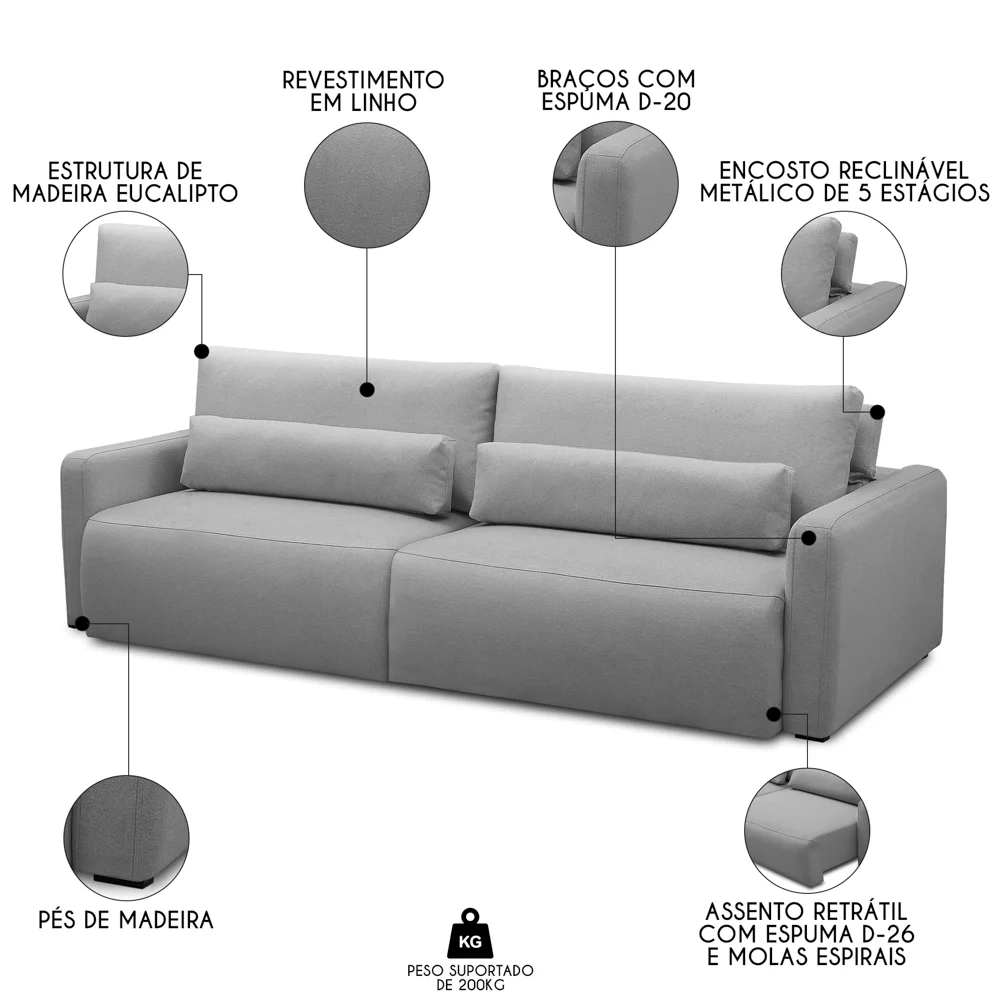 Sofá Retrátil Reclinável 240cm Sinna F05 Linho Cinza - Mpozenato