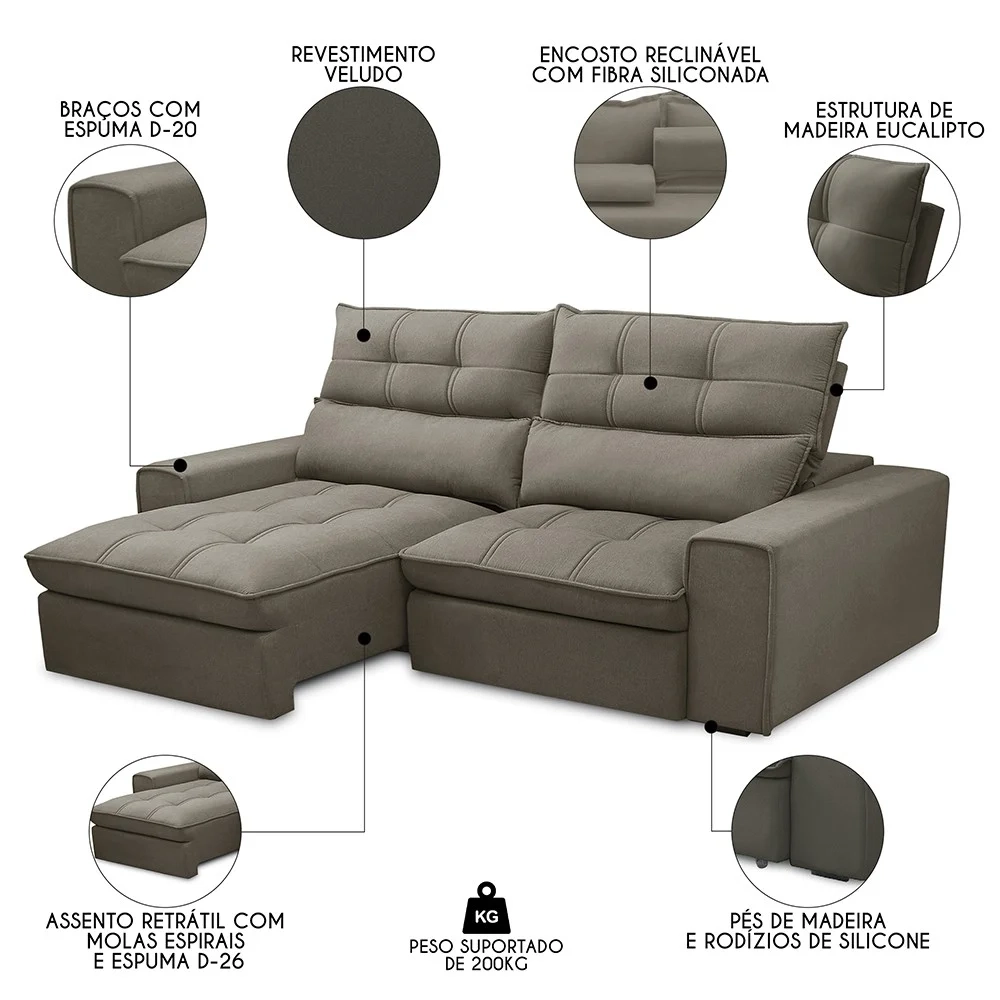 Sofá Retrátil Reclinável 3 Lugares 210cm Damy F05 Veludo Marrom - Mpozenato
