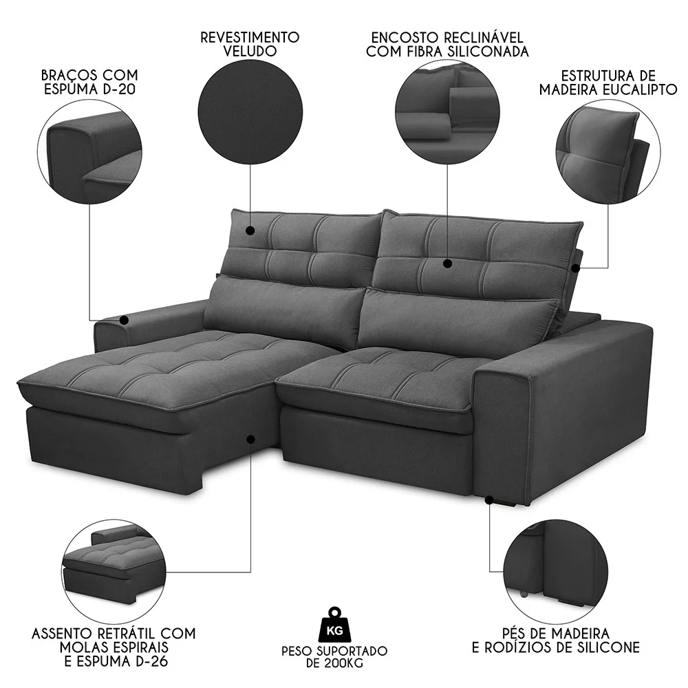 Sofá Retrátil Reclinável 3 Lugares 210cm Damy F05 Veludo Grafite - Mpozenato