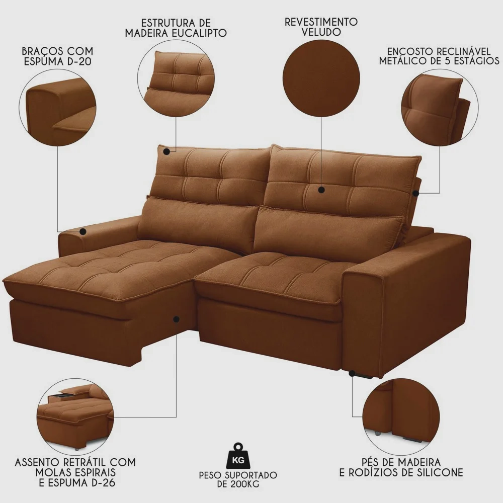 Sofá Retrátil Reclinável 3 Lugares 210cm Damy F05 Veludo Terracota - Mpozenato