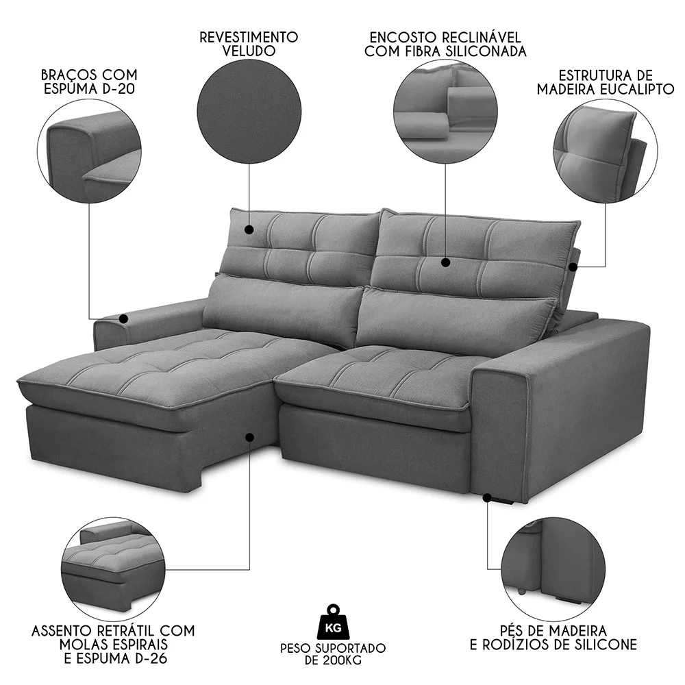 Sofá Retrátil Reclinável 3 Lugares 210cm Damy F05 Veludo Cinza - Mpozenato