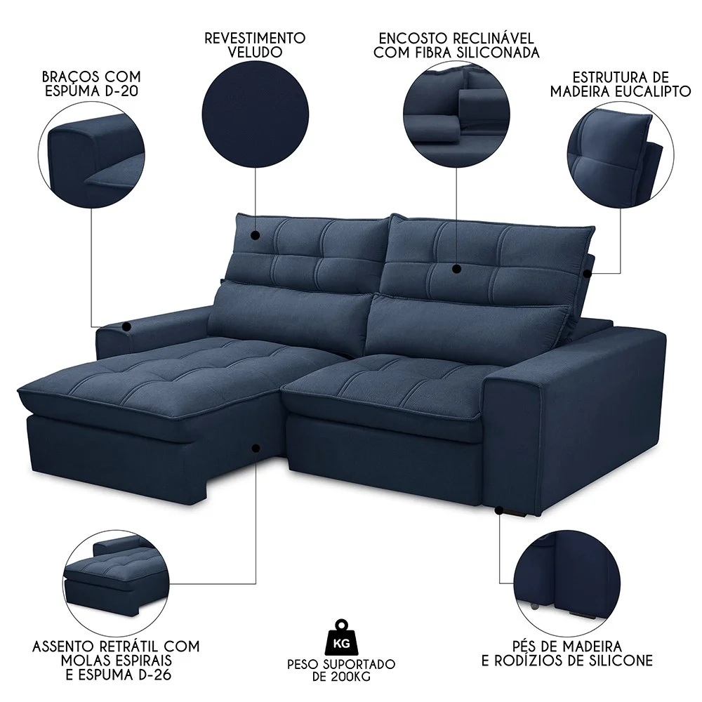 Sofá Retrátil Reclinável 3 Lugares 230cm Damy F05 Veludo Azul - Mpozenato