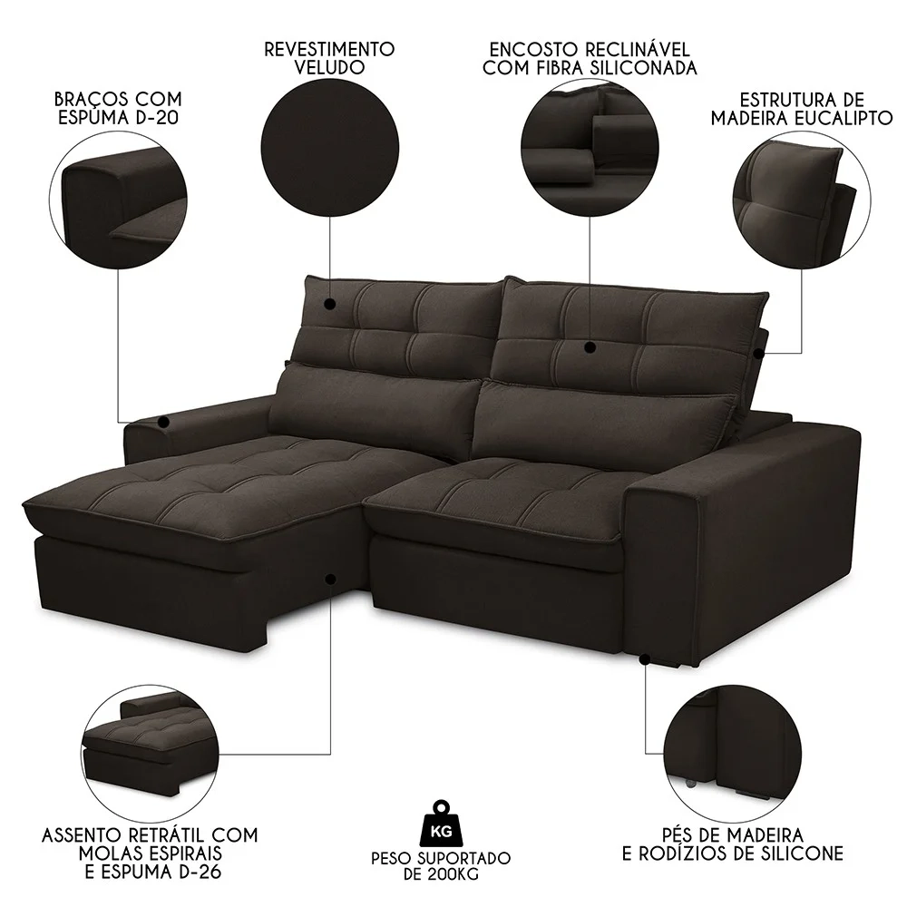 Sofá Retrátil Reclinável 3 Lugares 230cm Damy F05 Veludo Marrom Escuro - Mpozenato