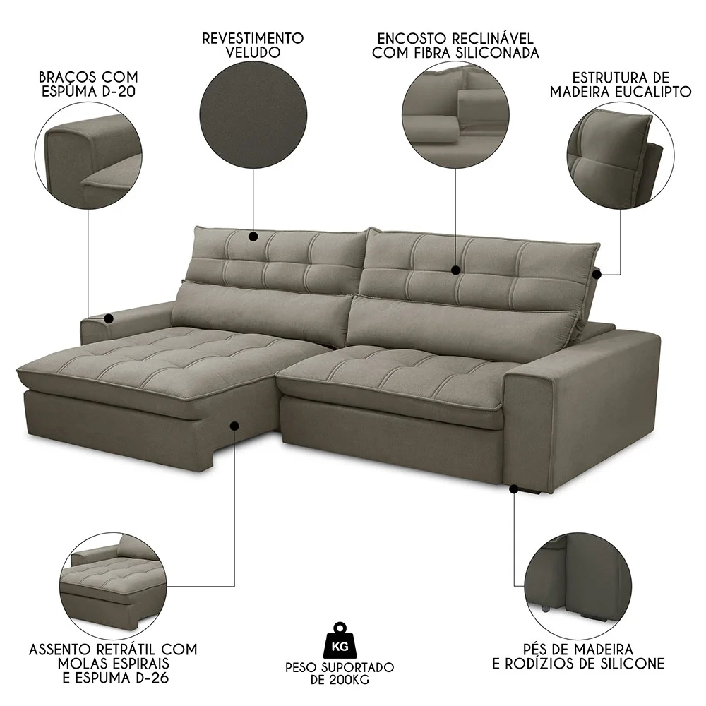 Sofá Retrátil Reclinável 3 Lugares 250cm Damy F05 Veludo Marrom - Mpozenato