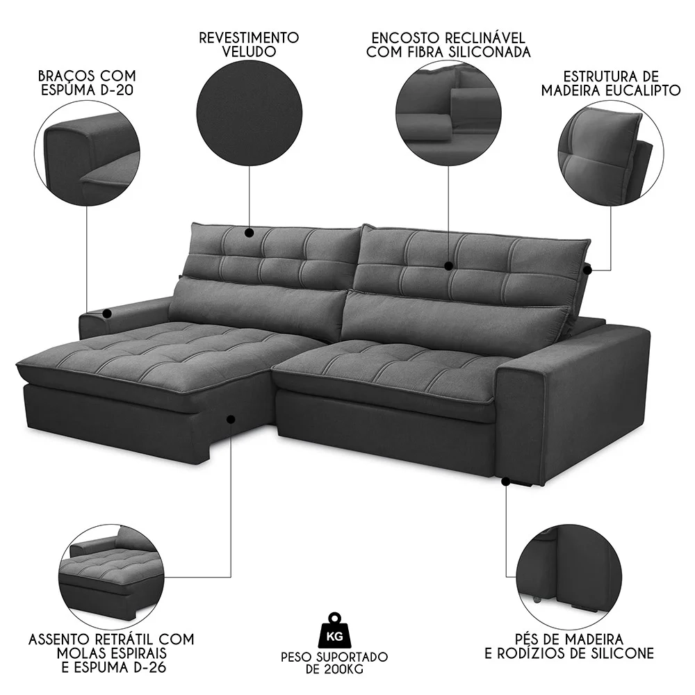 Sofá Retrátil Reclinável 3 Lugares 250cm Damy F05 Veludo Grafite - Mpozenato