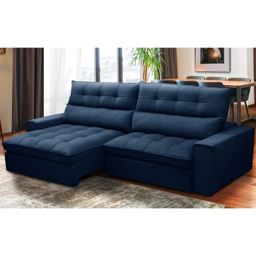 Sofá Retrátil Reclinável 3 Lugares 250cm Damy F05 Veludo Azul - Mpozenato