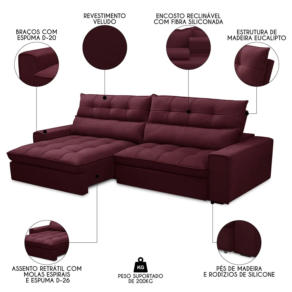 Sofá Retrátil Reclinável 3 Lugares 250cm Damy F05 Veludo Bordô - Mpozenato
