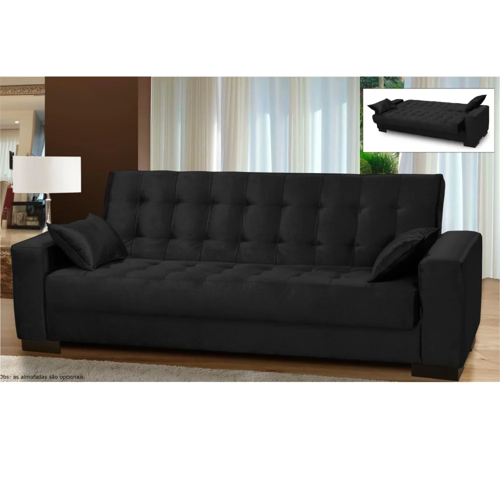 Sofá Cama para Sala de Estar Lisboa Suede Preto - Ibiza