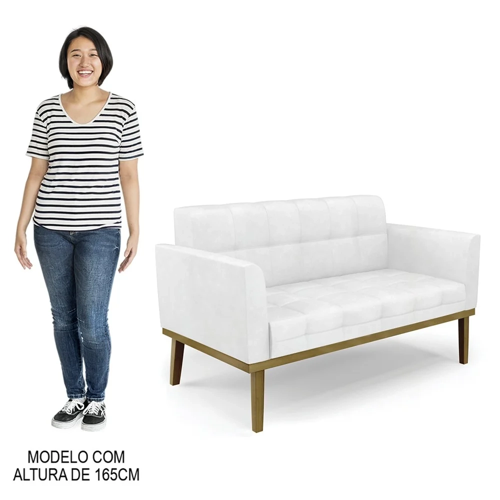 Sofá Namoradeira e 1 Poltrona Base Madeira Castanho Ana Sintético PU Branco - Ibiza