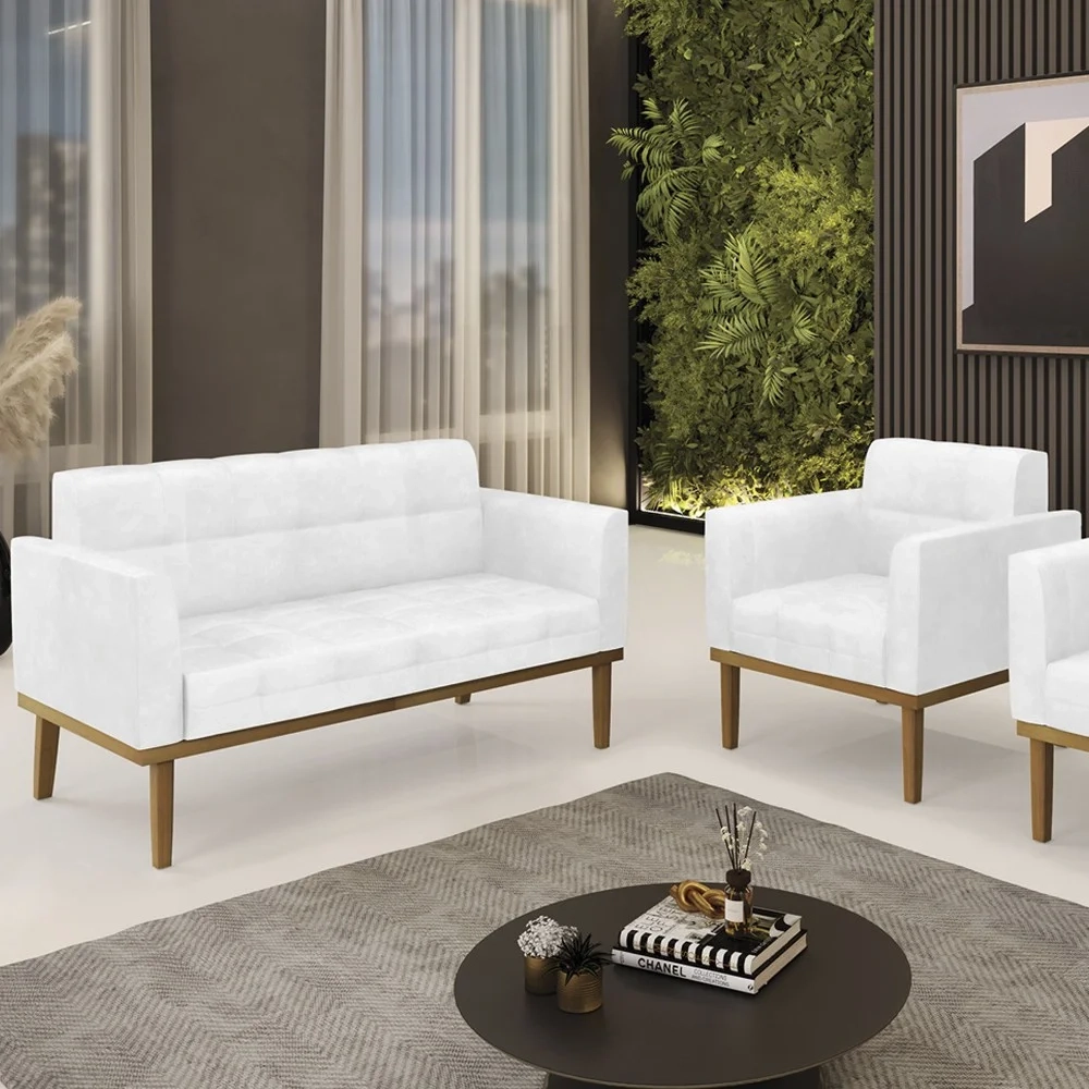 Sofá Namoradeira e 1 Poltrona Base Madeira Castanho Ana Sintético PU Branco - Ibiza