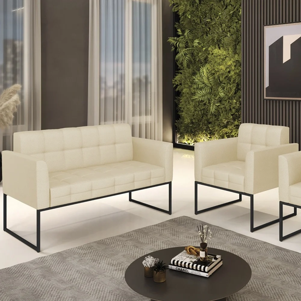 Sofá Namoradeira e 1 Poltrona Base Industrial Preto Ana Veludo Luxo Off White - Ibiza