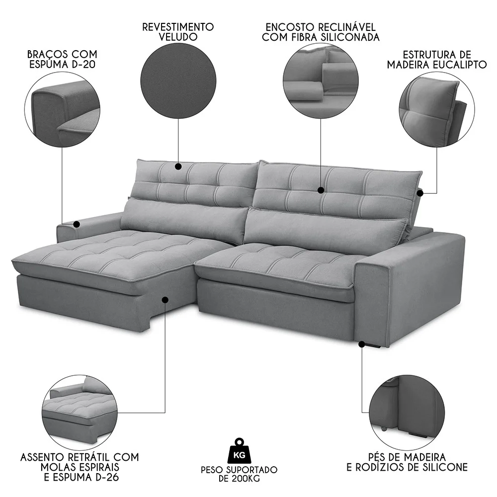 Sofá Retrátil Reclinável 4 Lugares 290cm Damy F05 Veludo Cinza - Mpozenato