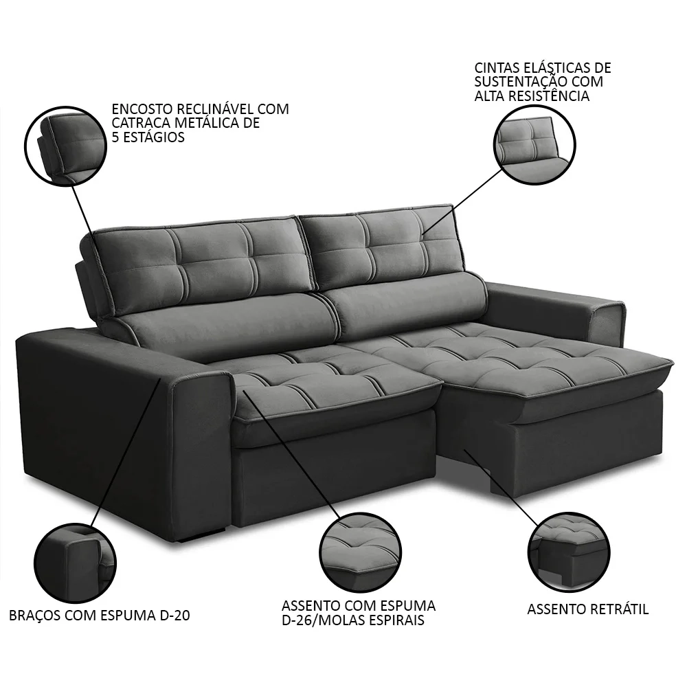 Sofá Retrátil Reclinável 3 Lugares 180cm Blanches F05 Veludo Grafite - Mpozenato