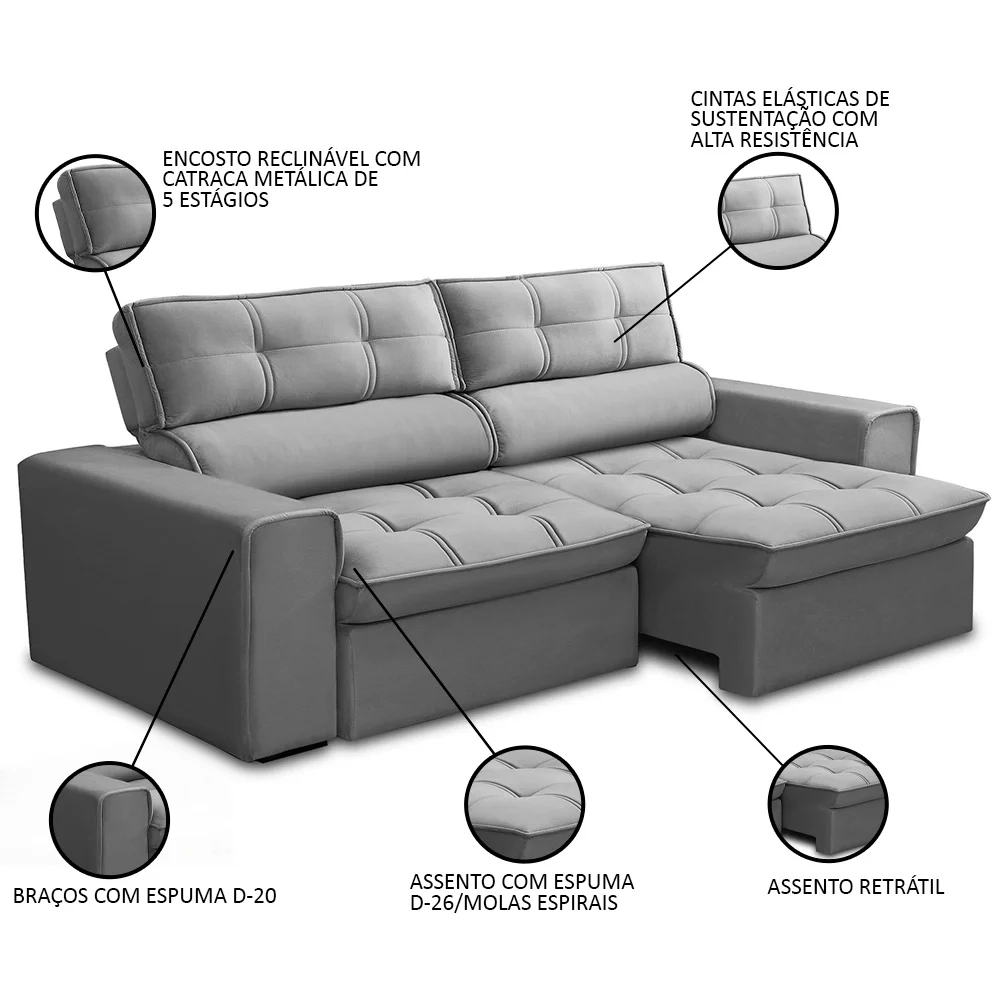 Sofá Retrátil Reclinável 3 Lugares 180cm Blanches F05 Veludo Prata - Mpozenato