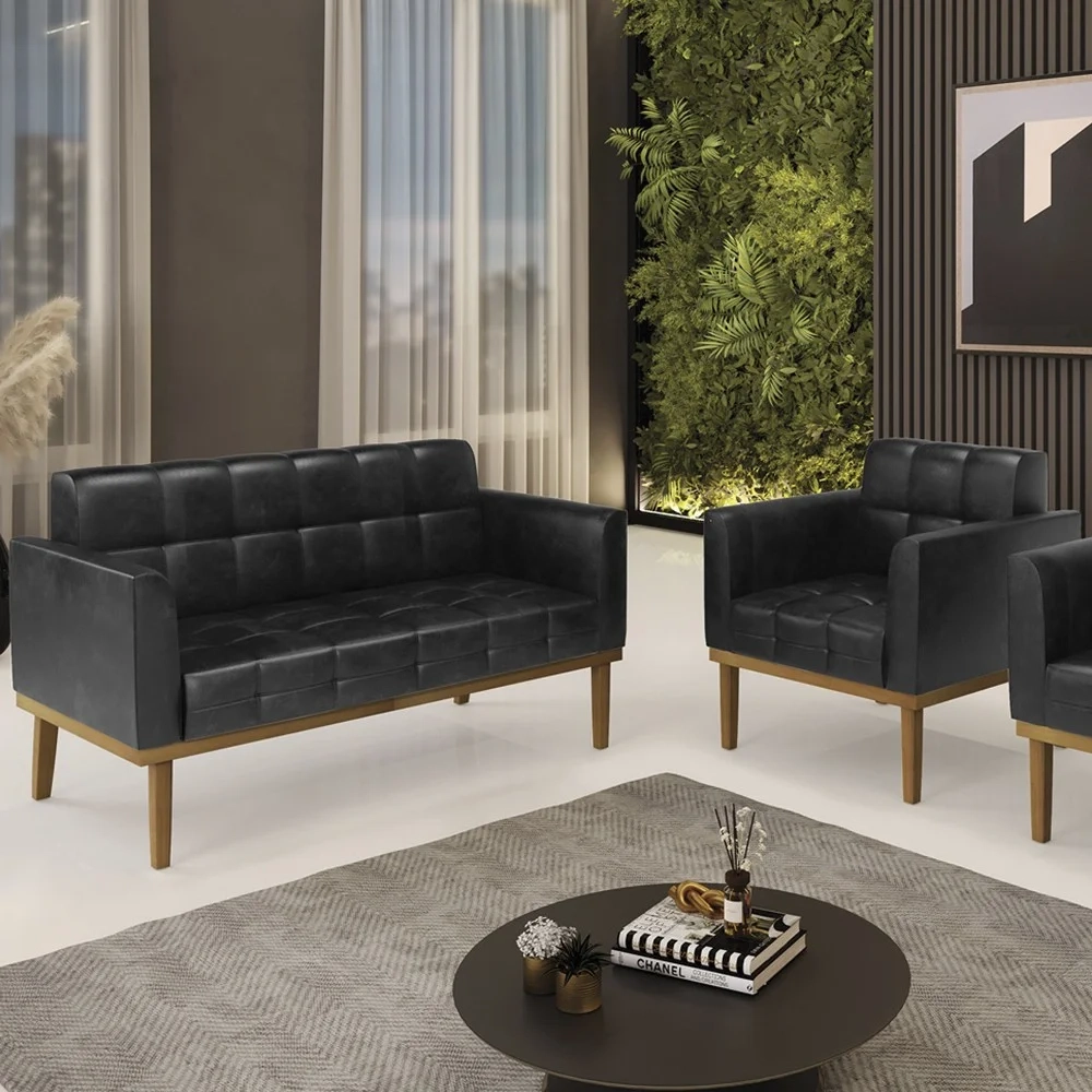 Sofá Namoradeira e 1 Poltrona Base Madeira Castanho Ana Sintético PU Preto - Ibiza