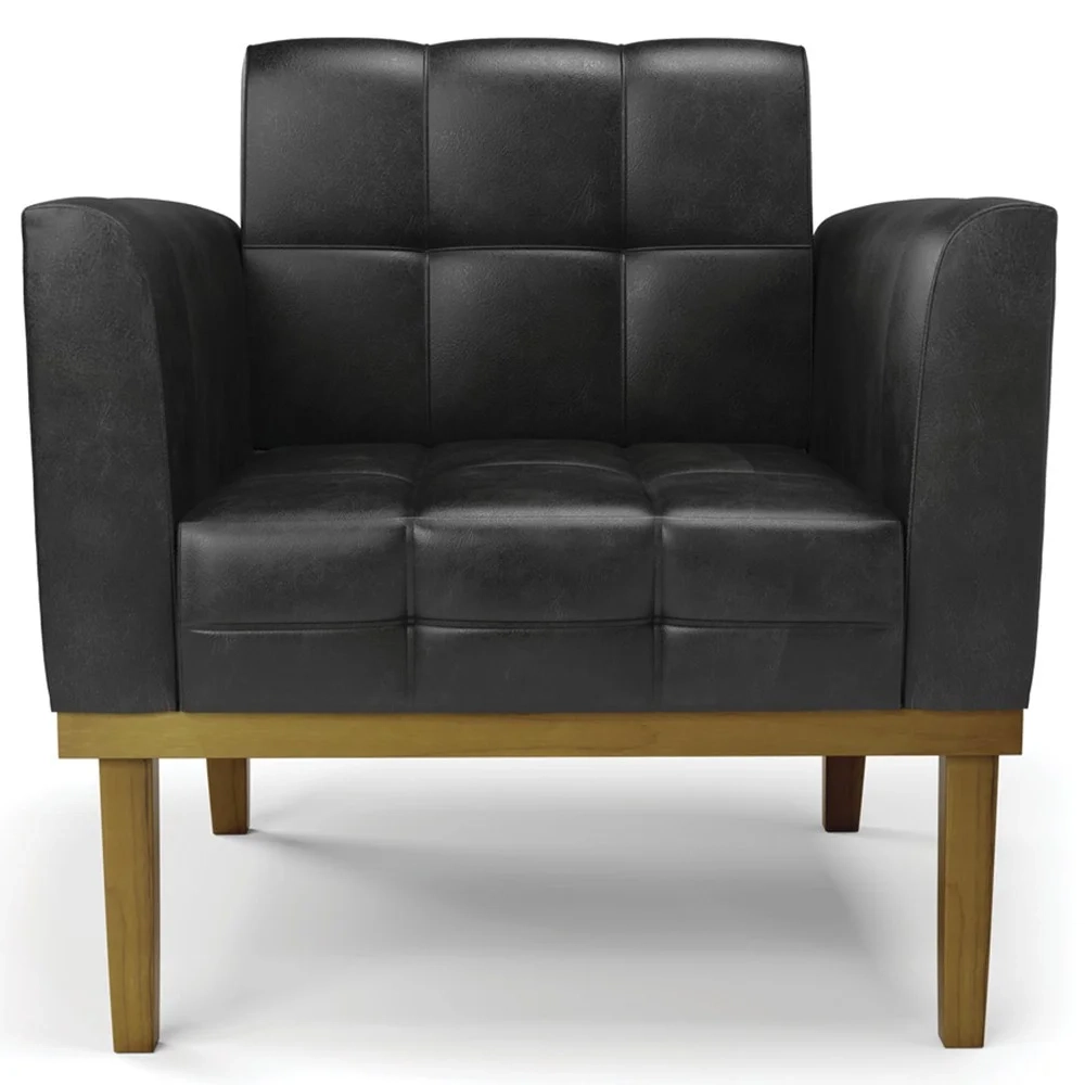 Sofá Namoradeira e 1 Poltrona Base Madeira Castanho Ana Sintético PU Preto - Ibiza