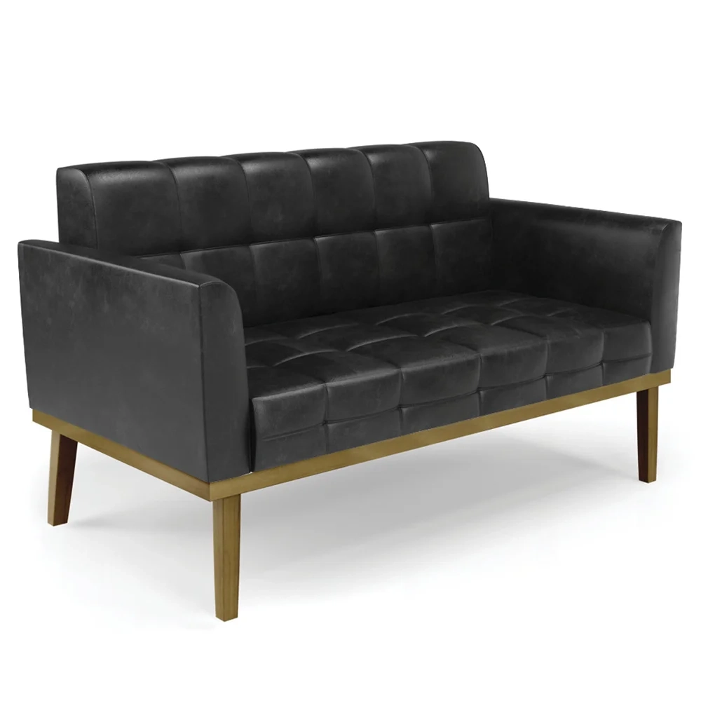 Sofá Namoradeira e 1 Poltrona Base Madeira Castanho Ana Sintético PU Preto - Ibiza