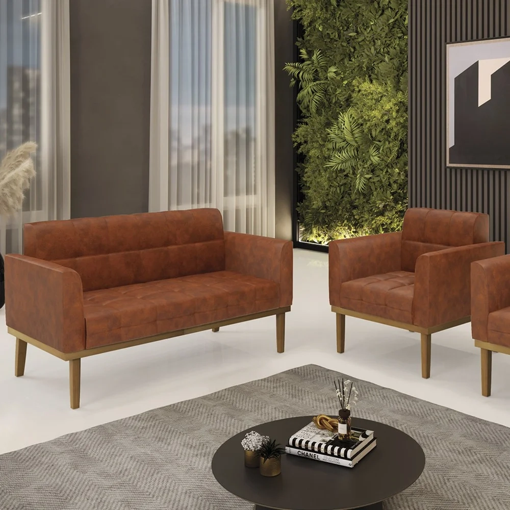 Sofá Namoradeira e 1 Poltrona Base Madeira Castanho Ana Sintético PU Nozes - Ibiza