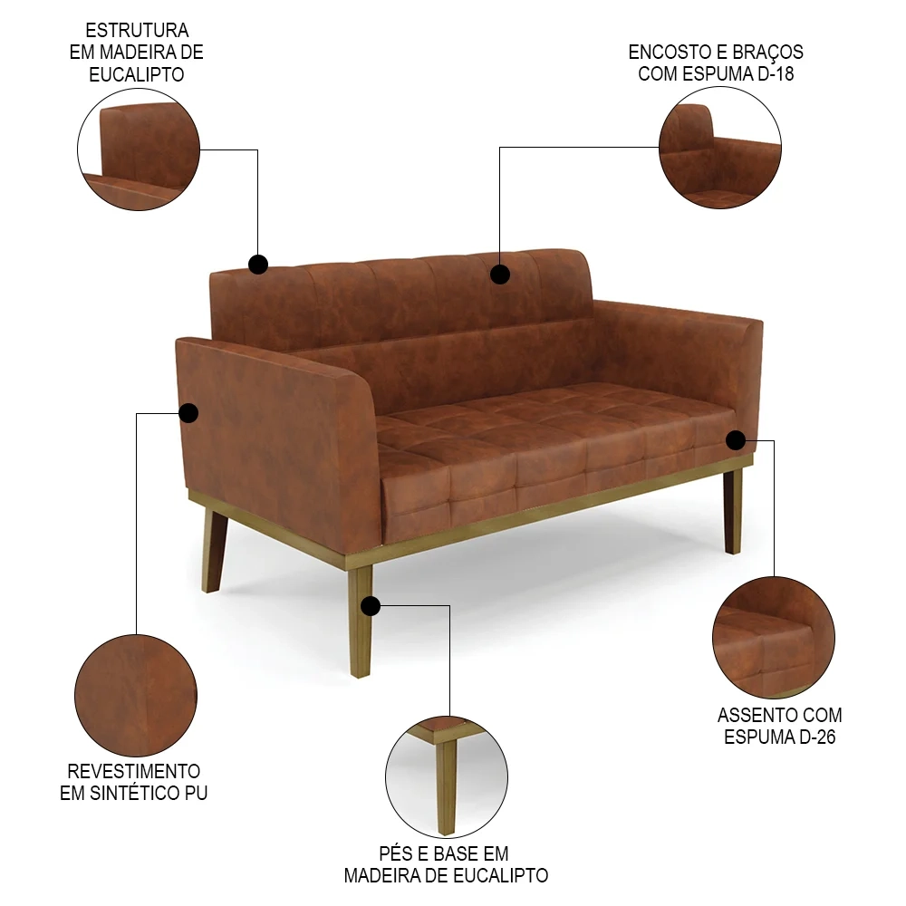 Sofá Namoradeira e 1 Poltrona Base Madeira Castanho Ana Sintético PU Nozes - Ibiza