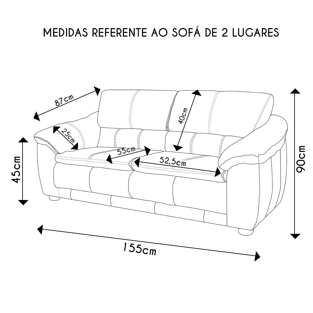 Sofá 2 Lugares Sala de Estar 155cm Veneza Couro Preto - Scala Decor