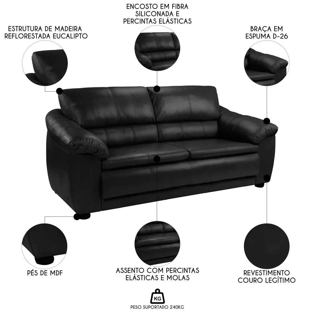 Sofá 2 Lugares Sala de Estar 155cm Veneza Couro Preto - Scala Decor