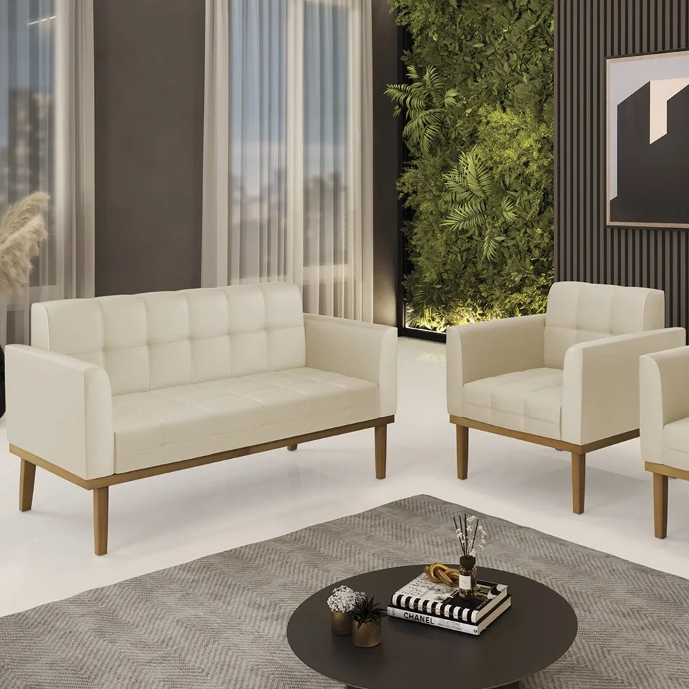 Sofá Namoradeira e 1 Poltrona Base Madeira Castanho Ana Sintético Bege - Ibiza