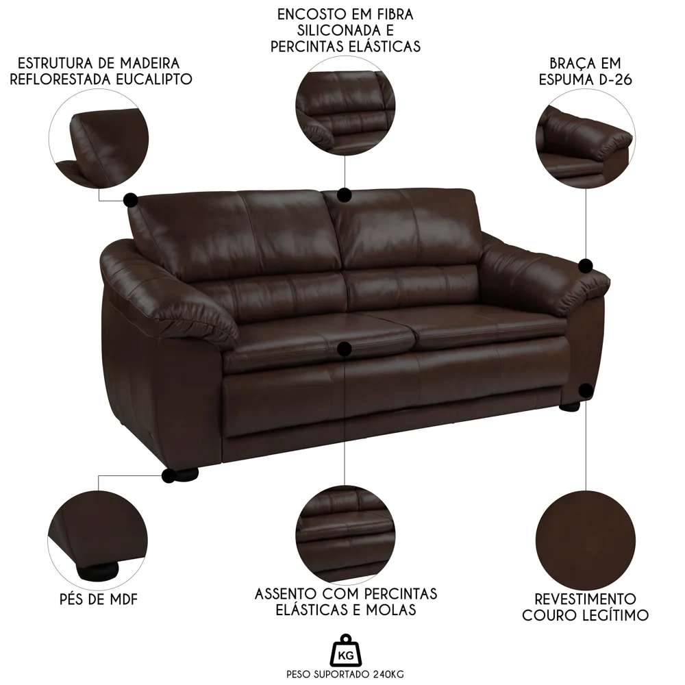 Sofá 3 Lugares Sala de Estar 200cm Veneza Couro Marrom - Scala Decor