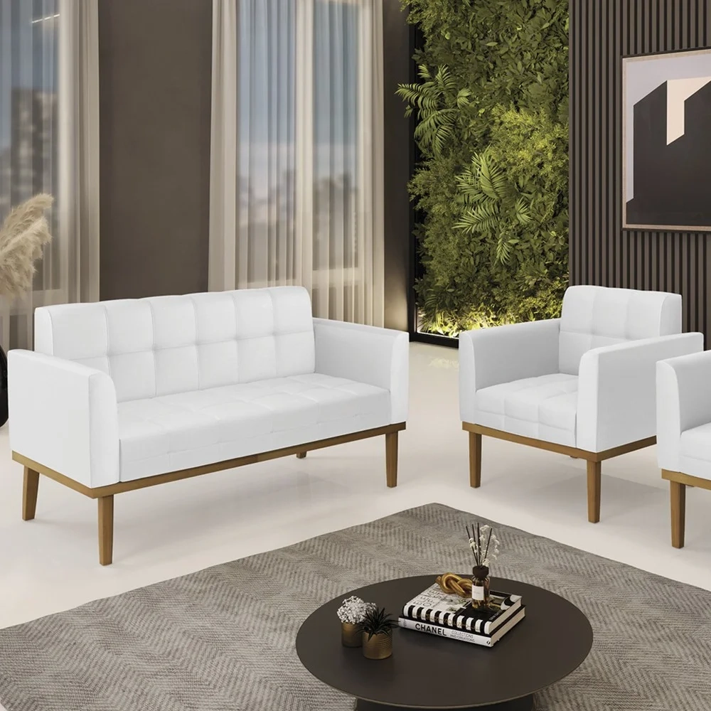 Sofá Namoradeira e 1 Poltrona Base Madeira Castanho Ana Sintético Branco - Ibiza