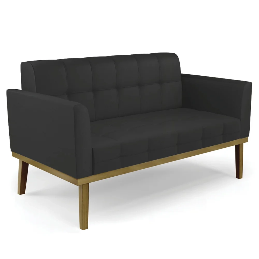 Sofá Namoradeira e 1 Poltrona Base Madeira Castanho Ana Sintético Preto - Ibiza