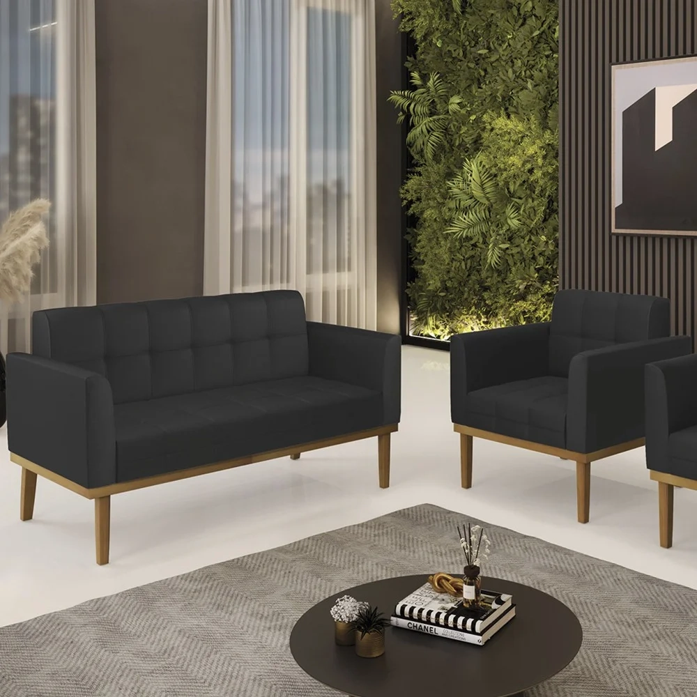 Sofá Namoradeira e 1 Poltrona Base Madeira Castanho Ana Sintético Preto - Ibiza