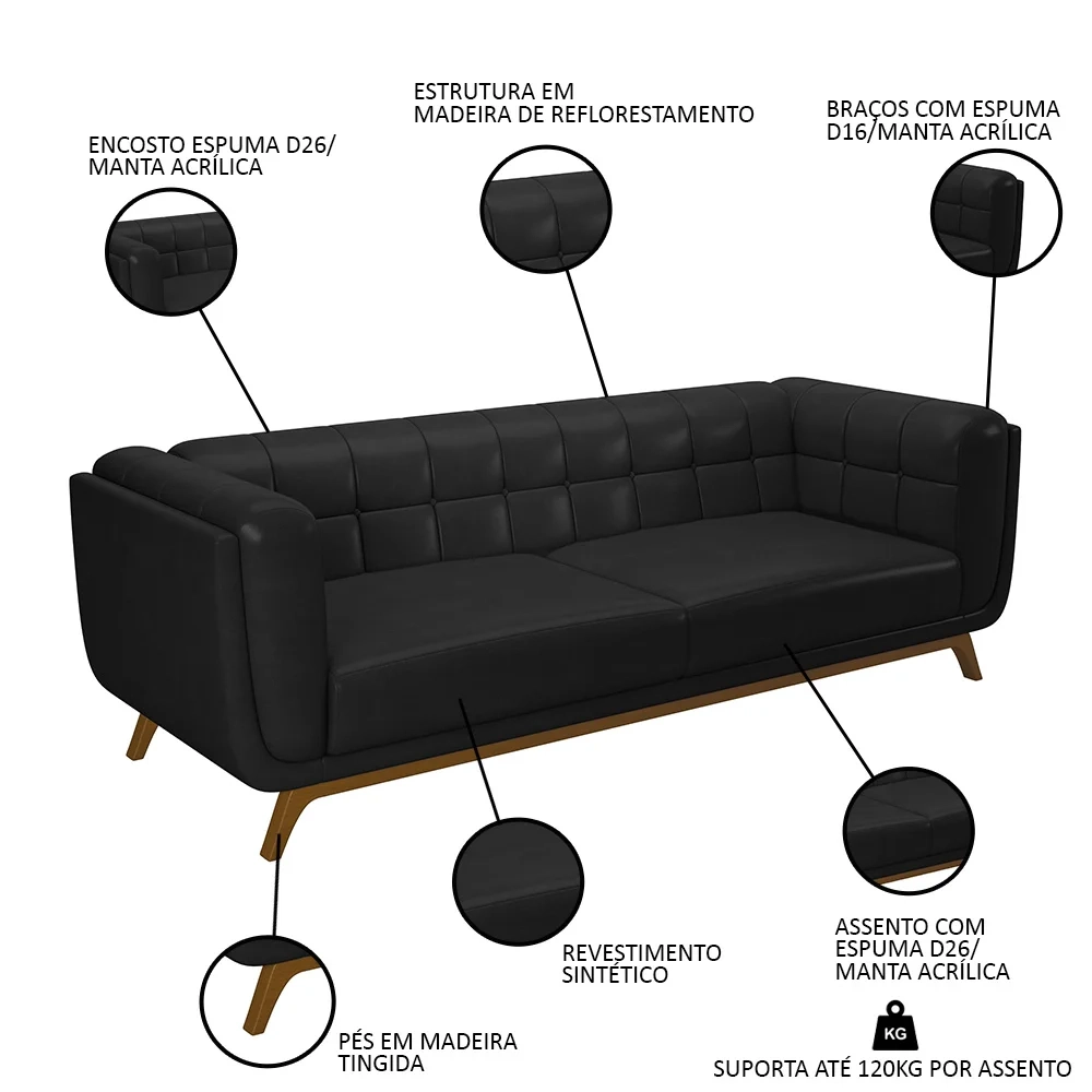 Sofá Living Decorativo 2 Lugares 180cm Bellart Z32 Sintético Preto - Mpozenato